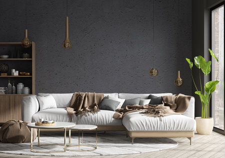 Modern interior design of scandinavian apartment, living room with white sofa over the black stucco wall. Home interior with window. 3d renderingの写真素材
