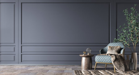 Interior of modern living room with accent coffee table, classical patterned armchair and fur plaid on it. Home design with empty dark blue paneling wall. 3d renderingの写真素材