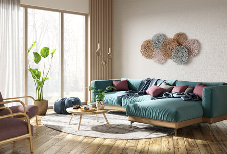 Modern interior design of scandinavian apartment, living room with turquoise corner sofa over the brick wall. Home interior with big window. 3d renderingの写真素材