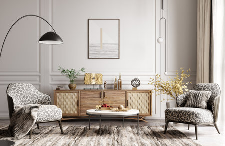 Modern interior of living room with wooden sideboard and armchairs. Coffee table on the rug. Fur pillow and plaid on the armchairs. Wall paneling in home interior design. 3d renderingの写真素材