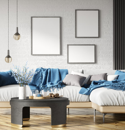 Interior design of modern living room with white sofa over the brick wall with mock up frames. Home interior with coffee table. Blue plaids and cushions. 3d renderingの写真素材