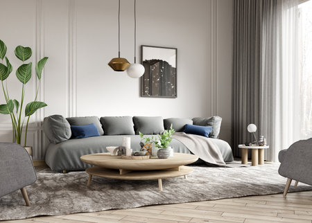 Modern interior design of scandinavian apartment, living room with gray sofa and wooden coffee table. Home interior with window. 3d renderingの写真素材
