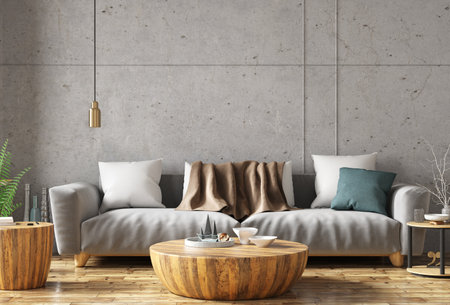 Modern interior design of apartment, living room with gray sofa and wooden coffee tables over the concrete, stucco wall. Home interior. Loft style. 3d renderingの写真素材