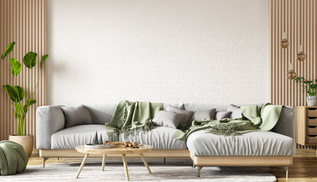 Interior design of modern apartment, living room with gray corner sofa over the white brick wall. Home interior with coffee table. 3d renderingの写真素材