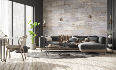 Modern interior design of apartment, living room with black sofa over the stone tiles wall. Home interior. 3d renderingの写真素材