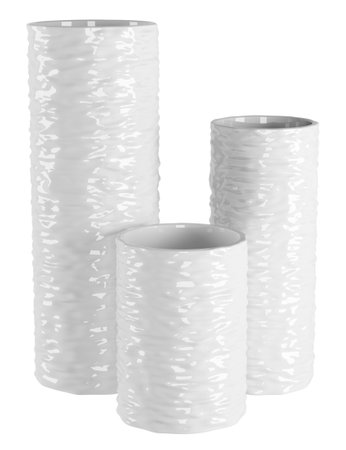 Three decorative cylindrical white table or floor vases set. Home decor and accents. Home decorative accessories. Isolated interior object. 3d renderingの写真素材
