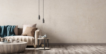 Modern interior design of living room with beige sofa and wooden coffee table over the concrete or stucco wall with copy space. Home interior background. 3d renderingの写真素材