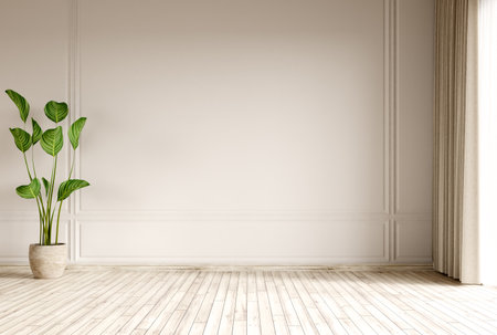 Empty room interior background, beige wall, pot with plant, wooden flooring 3d renderingの写真素材