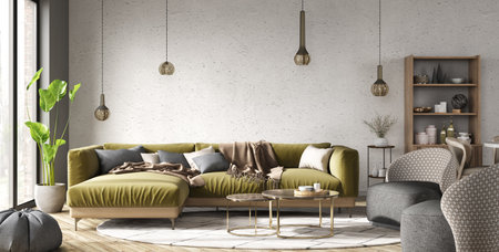 Modern interior design of apartment, living room with green sofa over the white stucco wall. Home interior with armchairs. 3d renderingの写真素材