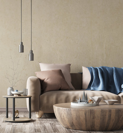 Modern interior design of living room with beige sofa and wooden coffee table over the concrete or stucco wall with copy space. Home interior. 3d renderingの写真素材