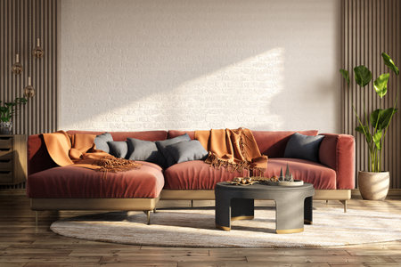 Interior design of modern apartment, living room with red corner sofa over the white brick wall with copy space. Home interior with coffee table. 3d renderingの写真素材