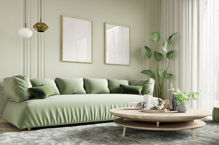 Green sofa in modern living room. Contemporary interior design of room with mint wall and wooden coffee table. Home interior with posters. 3d renderingの写真素材