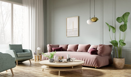 Pink sofa in modern living room. Contemporary interior design of room with mint wall and wooden coffee table. Home interior with poster. 3d renderingの写真素材