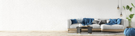 Interior design of modern living room panorama. White sofa and blue plaids over the brick wall with copy space. Home interior background. 3d renderingの写真素材