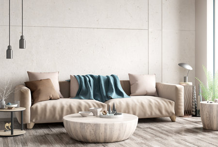 Modern interior design of apartment, living room with beige sofa and wooden coffee table over the concrete, stucco wall. Home interior. Loft style. 3d renderingの写真素材
