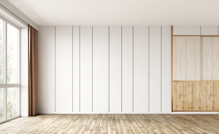 Empty room interior background, white paneling wall, wooden flooring and big window. 3d renderingの写真素材