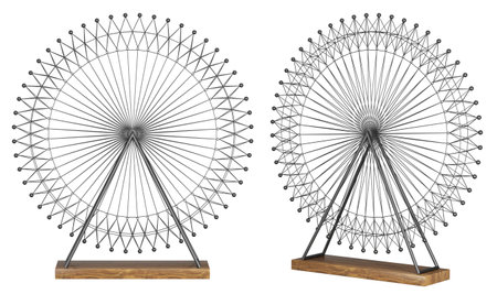 Vintage black metal wheel or circle on wood base. Abstract home decor and accents. Home decorative accessories. Isolated interior object. 3d renderingの写真素材