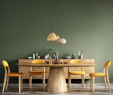 Interior design of modern dining room, wooden table and yellow chairs against green wall with sideboard, 3d renderingの写真素材