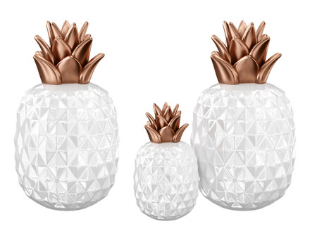 Home decor and accents. White ceramic or glass pineapple set with copper leaves. Home decorative accessories. Isolated interior object over white. 3d renderingの写真素材
