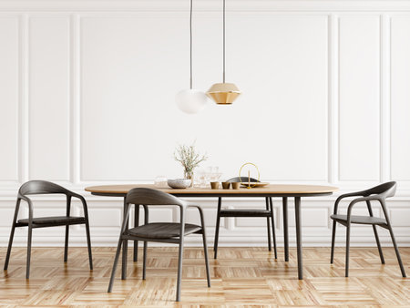 Black chairs and wooden dining table against of classic white paneling wall. Interior design of modern dining room. 3d rendering.の写真素材