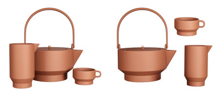 Clay teapot, jug and cup set, isolated. Kitchen decor and accents. Home decorative accessories. Isolated interior object. 3d renderingの写真素材