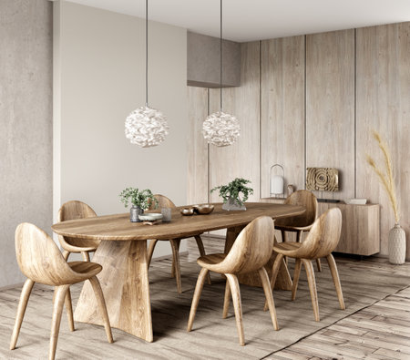 Interior of modern dining room, dining table and wooden chairs in room with wooden paneling. Home design. 3d renderingの写真素材