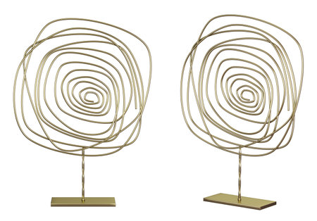 Gold metal contemporary abstract sculpture. Spin figurine. Home decor and accents. Home decorative accessories. Isolated interior object. 3d rendering,の写真素材