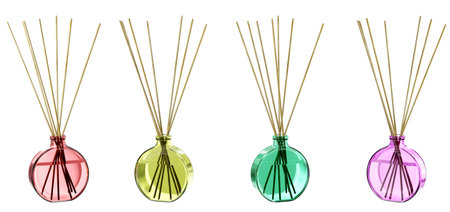 Multicolored home fragrance glass diffusers, Home decor and accents. Home decorative accessories. Isolated interior object. 3d renderingの写真素材