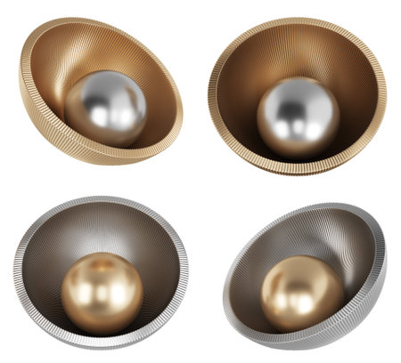 Metal sphere in hemisphere, steel and copper. Abstract home decor and accents. Home decorative accessories. Isolated interior object. 3d renderingの写真素材
