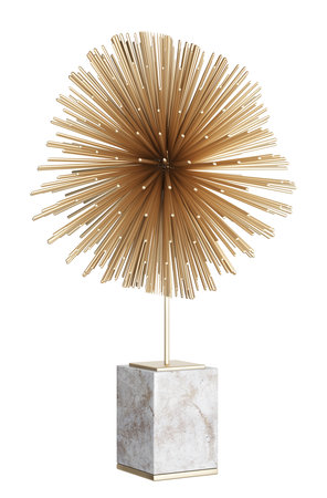 Contemporary abstract golden sculpture with marble base. Metal home decor and accents. Home decorative accessories. Isolated interior objects set. 3d renderingの写真素材