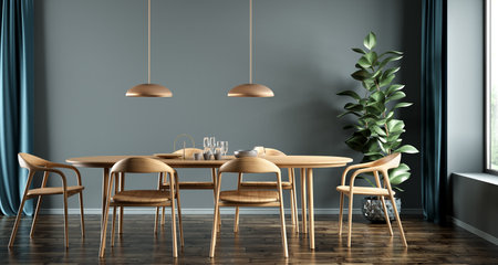 Interior of modern dining room, dining table and wooden chairs against blue wall. Home design. 3d renderingの写真素材