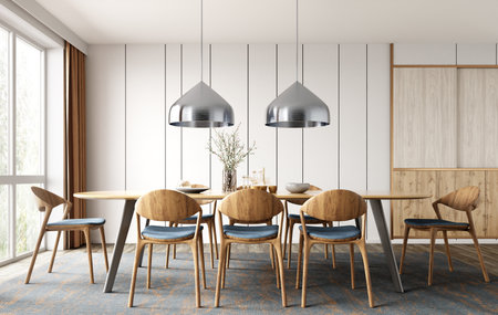 Interior of modern dining room, dining table and wooden chairs against white panelling wall. Home design. 3d renderingの写真素材