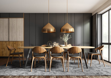 Interior of modern dining room, dining table and wooden chairs against black panelling wall. Home design. 3d renderingの写真素材