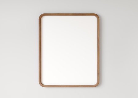 Wooden blank frame on the white wall, interior background. 3d renderingの写真素材