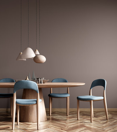 Interior of modern dining room, dining table and blue fabric chairs against beige wall. Home design. 3d renderingの写真素材