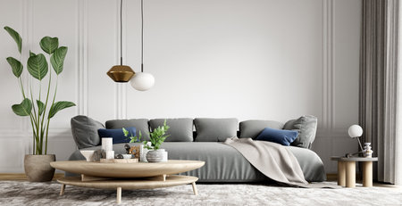 Modern interior design of apartment, living room with grey sofa and wooden coffee table. Home interior with rug. 3d renderingの写真素材