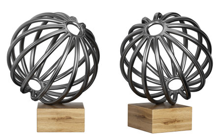Black steel metal sphere or ball on wood base.  Abstract home decor and accents. Home decorative accessories. Isolated interior object. 3d renderingの写真素材
