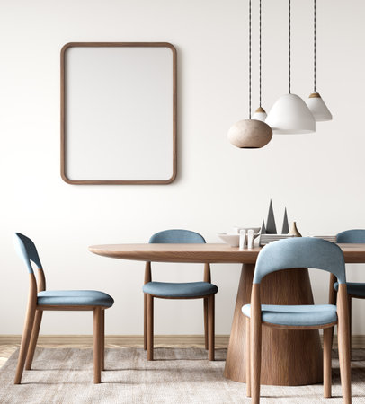 Interior of modern dining room, dining table and chairs against white wall with empty frame. Home design. 3d renderingの写真素材