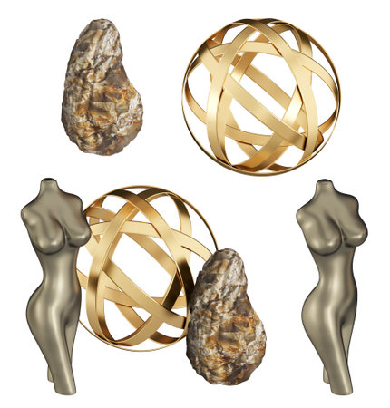 Woman figurine, decorative golden ball or sphere, stone decor set. Home decor and accents. Home decorative accessories. Isolated interior object. 3d renderingの写真素材