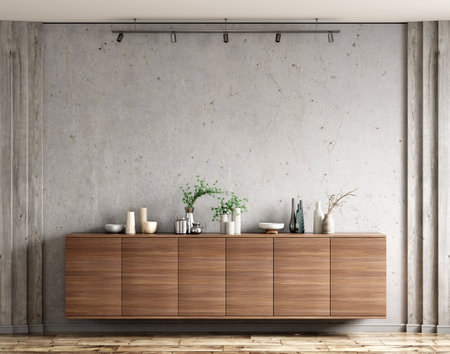 Wooden sideboard  in modern living room, concrete wall with wooden paneling, home interior background with copy space, 3d renderingの写真素材