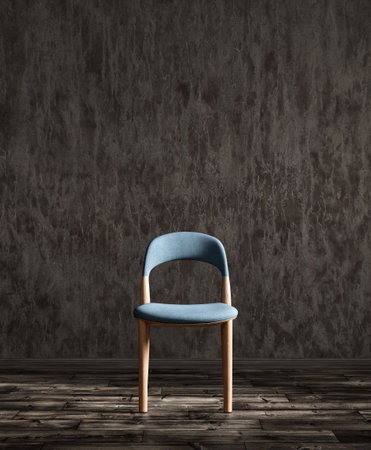 Blue fabric dining chair against dark stucco wall. 3d renderingの写真素材
