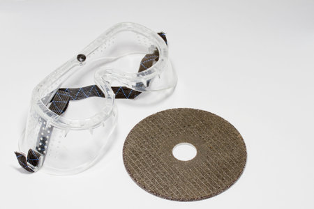 Cutting disc with safety gogglesの写真素材