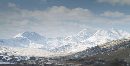 Llyn Mymbyr in Snowdonia National Park with Mount Snowdon in Walesの写真素材