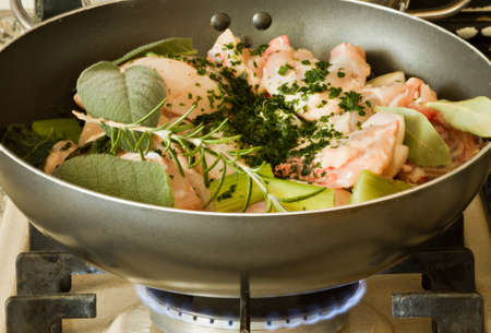 Chicken, stewed in tomato, wine and herb sauce の写真素材