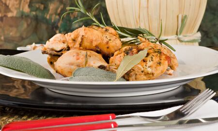 Chicken, stewed in tomato, wine and herb sauce の写真素材