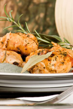 Chicken, stewed in tomato, wine and herb sauce の写真素材