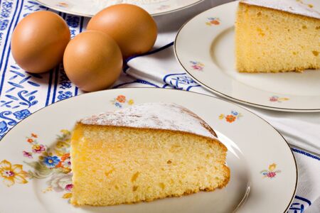 Slices of homemade cake at breakfastの写真素材