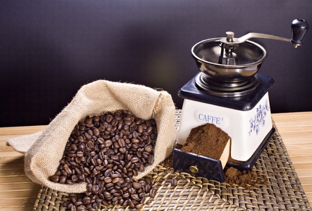 Coffee grinder and roasted coffee beansのeditorial素材