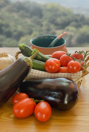 Zucchini, Aubergines, Garlic and tomatoesの写真素材