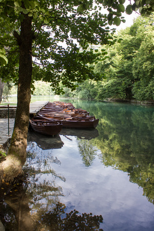 Boats standing at the dock at the lake - Plitvice (Croatia)の写真素材